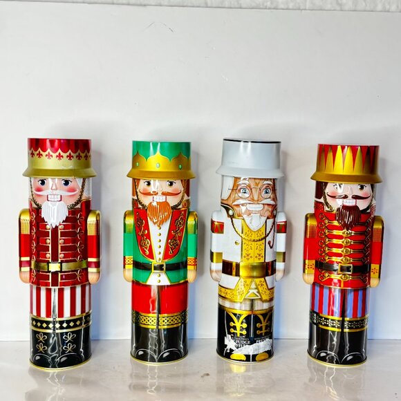 Silver Crane Christmas 12" Empty Tin Collector Nutcracker Holiday Lidded Set 4 - Picture 1 of 11